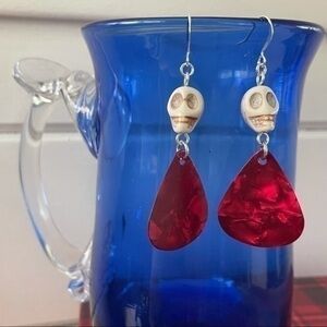 2/$29 Handmade Red Guitar Pick Skull Dangle Earrings Upcycled Metal Rock Goth